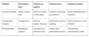 Vacuum hanging vs. compression vs. rod extenders